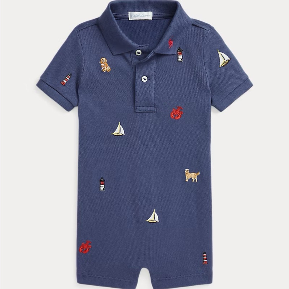 SOLD Ralph Lauren Navy Blue Polo Romper with Nautical Embroidery